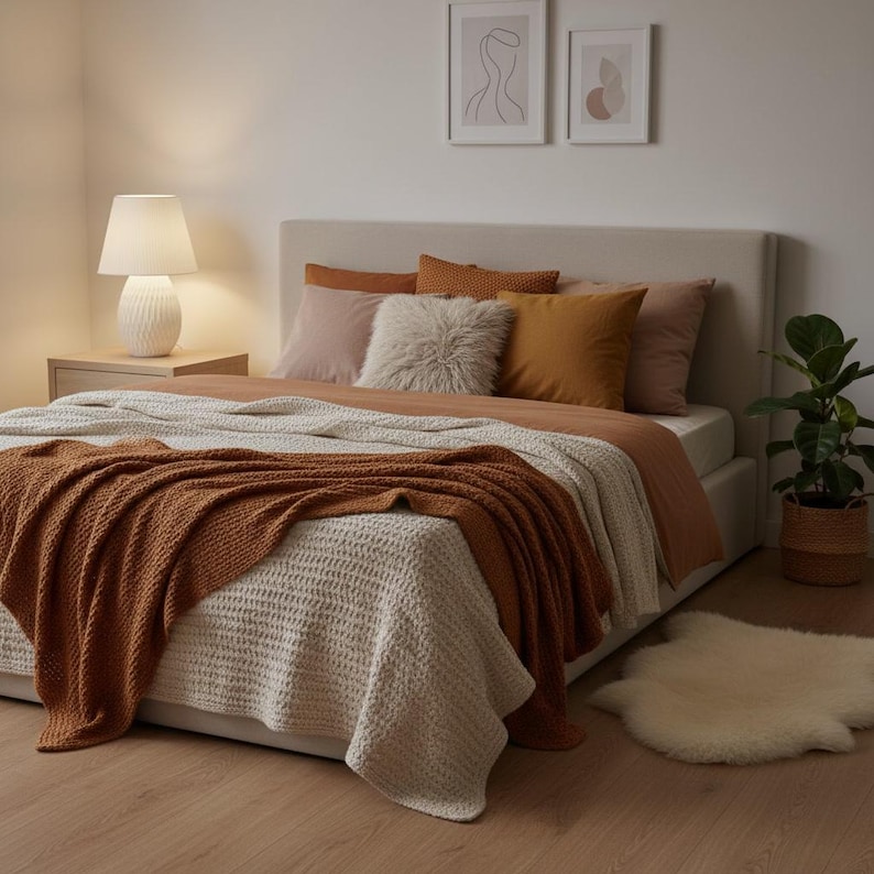 May include: A cozy bedroom scene featuring a bed with a beige headboard, adorned with various pillows in shades of pink, orange, and beige. A rust-colored throw blanket drapes over a cream-colored knitted blanket. A white lamp sits on a nightstand.