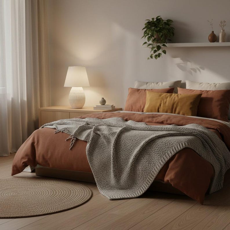 May include: A bedroom scene featuring a bed with terracotta-colored bedding, accented by mustard and terracotta pillows. A light gray knitted throw blanket is draped over the bed. A round, woven rug sits on the wooden floor.