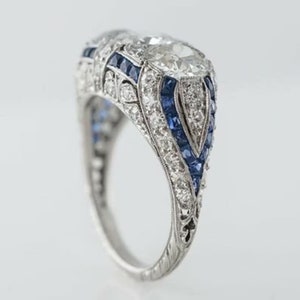 Vintage Three Stone Diamond Ring Blue Baguette Wedding Ring Bridesmaid Ring Statement Ring Old European Cut Ring Edwardian Ring Gift For Her
