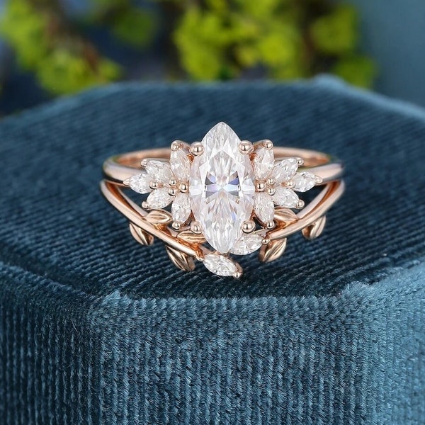 Unique Marquise cut Moissanite engagement ring set Vintage diamond wedding bridal Cluster Rose gold Engagement ring Anniversary Promise gift