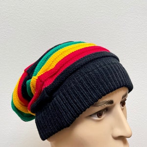 Jamaican Rasta Reggae Knitted Beanie, Rastafari Striped Beanie hat Wool
