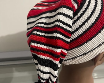 Traditional Isiagu knitted Igbo hat Red, black and white striped wool hat regular size