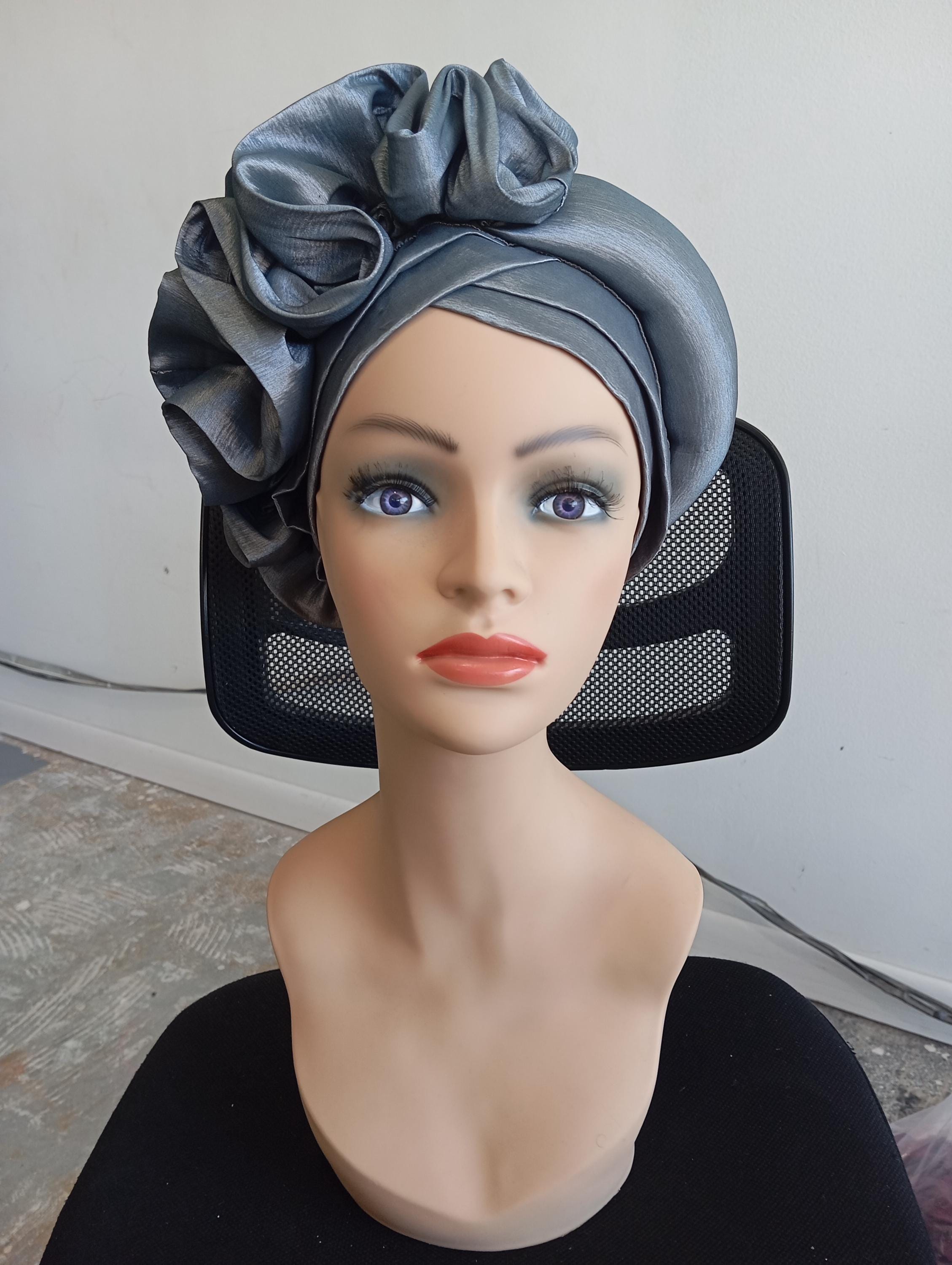African autogele, ready to wear gele, African hat, traditional wedding hat Women headwear silver.