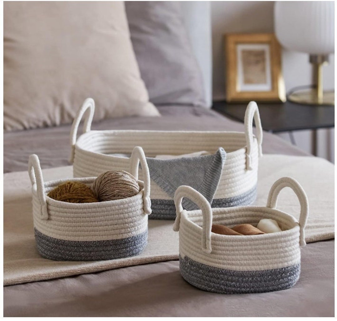 Jute Woven Storage Rope Baskets Storage Basket Set of 3 White Etsy