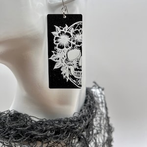 floral sugar skull dangle earrings, Dia De Los Muertos Skull Earrings, Day of the Dead Earrings, Square skull earrings,haunted house earring