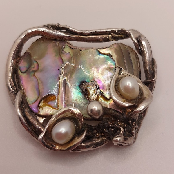 Erik Dennung Denmark silver plated brooch with pearls and abalone