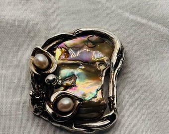 Erik Dennung Denmark silver plated brooch with pearls and abalone