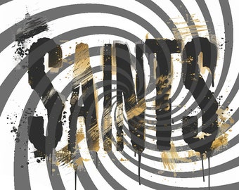 May include: A black and gold graphic design with the word "Saints" in a stylized font. The background is a swirling gray and black pattern.