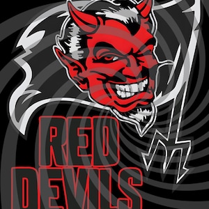 Puede incluir: Ilustración gráfica de un diablo rojo con cuernos y una sonrisa siniestra, sobre un fondo negro y gris en espiral. Las palabras "RED DEVILS" se muestran en letras rojas.
