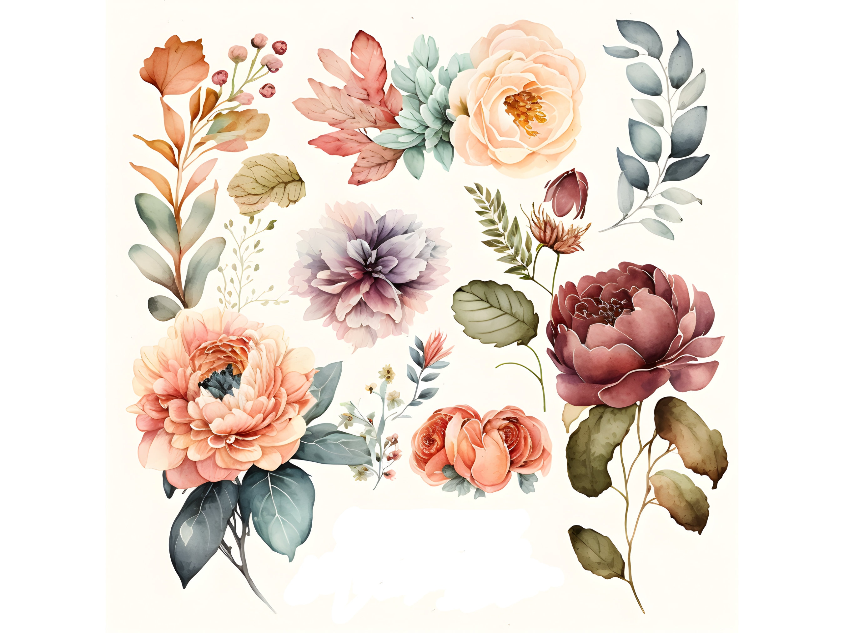 Watercolor Flower Clipart Set, Printable Watercolor Floral for Wall Art ...