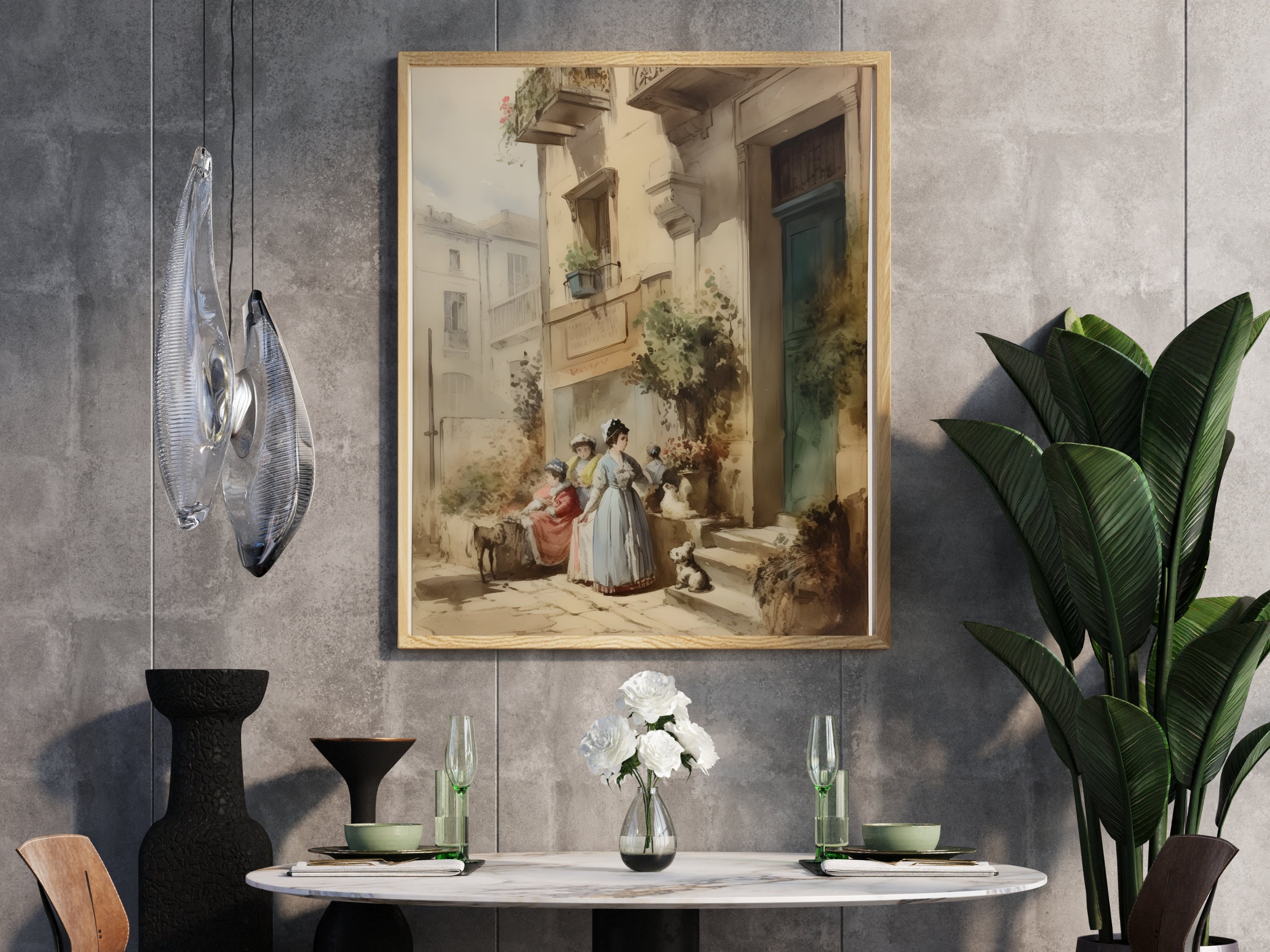 French Women and Flowers Watercolor Wall Art, Printable Wall Art