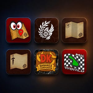 May include: Six square app icons with rounded corners. The first shows a map with cartoon eyes and a red pin. The second features a white bird emblem. The third displays a folded map. The fourth shows a map with a sword. The fifth says DK BANANZA COMPANION with bananas. The sixth shows a checkered flag and a green track with MK WORLD text.