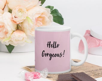 Hello Gorgeous Eyelashes Pink Coffee Mug | Tea Cup | 11 oz Pink Coffee Cup | Pink Christmas | Glamorous Chic Coffee Cup Christmas Pink