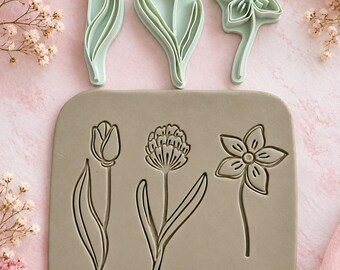 Botanische bloemenstempelset van klei – Tulp, klaver en sterbloem