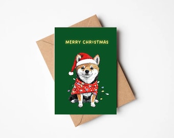 柴犬クリスマスカード（6インチ×4インチ）内側は白紙、封筒付き。犬