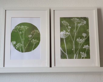 Set of 2 original monotype prints in acrylic. Handmade monoprints from umbelliferous flowers on the Gelli Plate/gel plate. Unique pieces in green and white