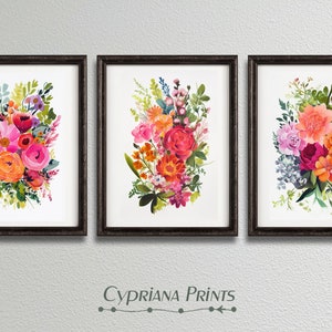 Watercolor Gouache Flower Prints | Set of 3 | Wall Art Decor, Digital Download Botanical Art, Cottagecore Floral Art,