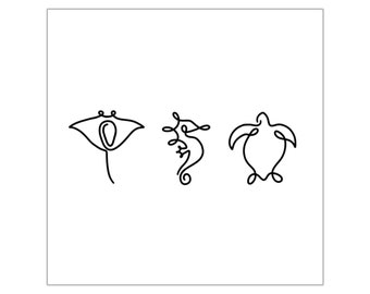 Meerestiere (Seepferdchen, Manarochen, Wasserschildkröte) Line Art / One Line Sticker quadratisch