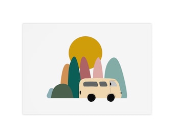 Campervan / hippie bus mountains pastel, poster horizontal