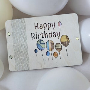 Geldgeschenk Geburtstag | Geschenkkarte aus Holz, beige | Holzkarte | Klappkarte mit Luftballons 20,5x14,5cm