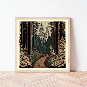 Trail in the Cascades Woodblock Print | Digital Art Print Download | Pacific Northwest Mountain Art | Square Wall Art | Mountain Home Decor