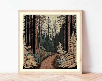 Cascades Trail Woodblock Print: Pacific Northwest Mountain Art (Digital Download)