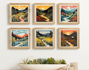 Set of 7 Vintage 60's Silkscreen Prints | Wall Art | Ai Art Digital Print | Retro Mountain Cabin Home Decor | High Resolution | Square Print