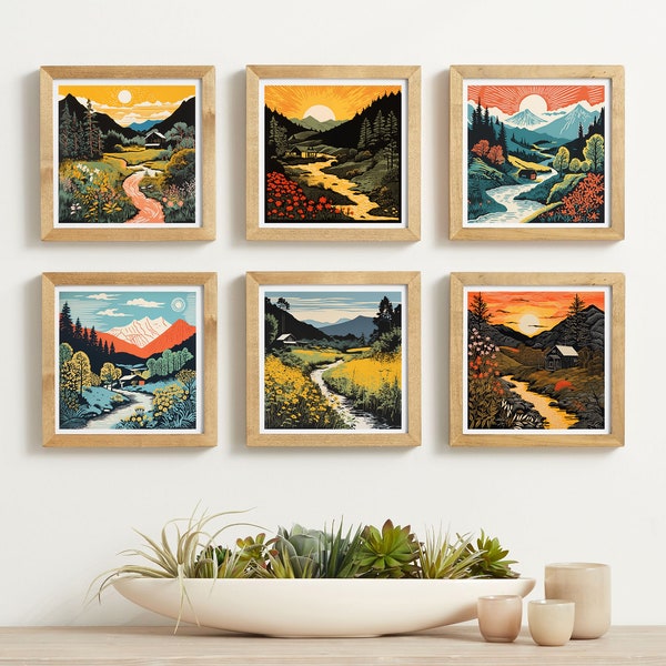 Set of 7 Vintage 60's Silkscreen Prints | Wall Art | Ai Art Digital Print | Retro Mountain Cabin Home Decor | High Resolution | Square Print