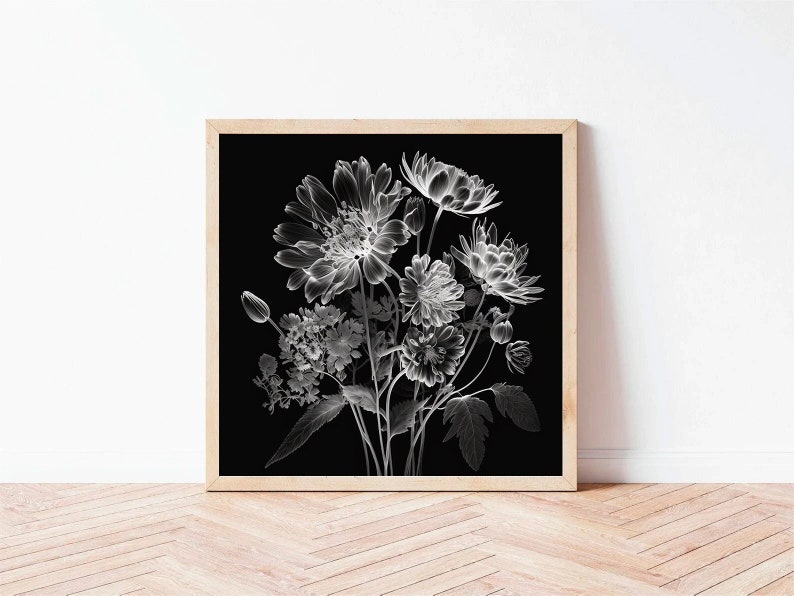 X-Ray Dahlias Digital Art Print Black and White Floral Art zdjęcie 1