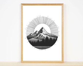 Black and White Mountain Illustration | Boho Wall Art | Ai Art Digital Print | Mountain Home Decor | 4x6 High Resolution