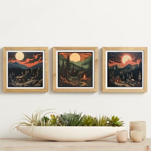 Mountain Cabin Woodblock Print Set: Vintage Winter Scene (Digital Print)