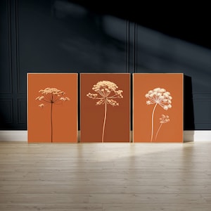 Collection of 3 Rust Queen Anne&#39;s Lace Flower Prints | Wildflower Wall Art | Digital Art Print | Boho Floral Home Decor | High Resolution