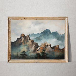 Peinture à l&#39;huile de montagne brumeuse : impression d&#39;art du nord-ouest du Pacifique (téléchargement numérique)