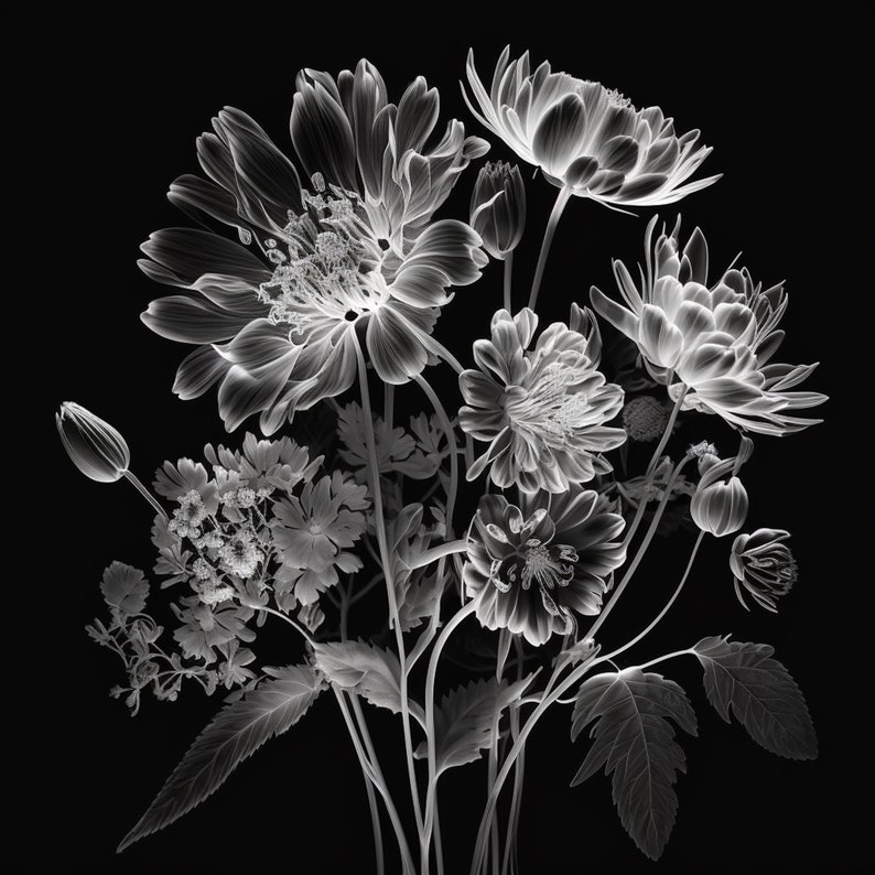 X-Ray Dahlias Digital Art Print Black and White Floral Art zdjęcie 2