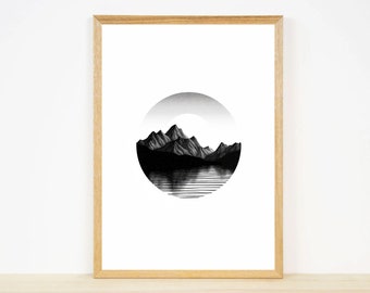 Black and White Mountain Illustration | Boho Wall Art | Ai Art Digital Print | Mountain Home Decor | 4x6 High Resolution