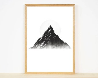 Black and White Mountain Illustration | Boho Wall Art | Ai Art Digital Print | Mountain Home Decor | 4x6 High Resolution