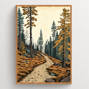 Trail Through the Mountains | Woodblock Print Wall Art | Digital Download Art Print | PNW Mountain Home Decor | Multiple Sizes