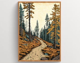 Trail Through the Mountains | Woodblock Print Wall Art | Digital Download Art Print | PNW Mountain Home Decor | Multiple Sizes
