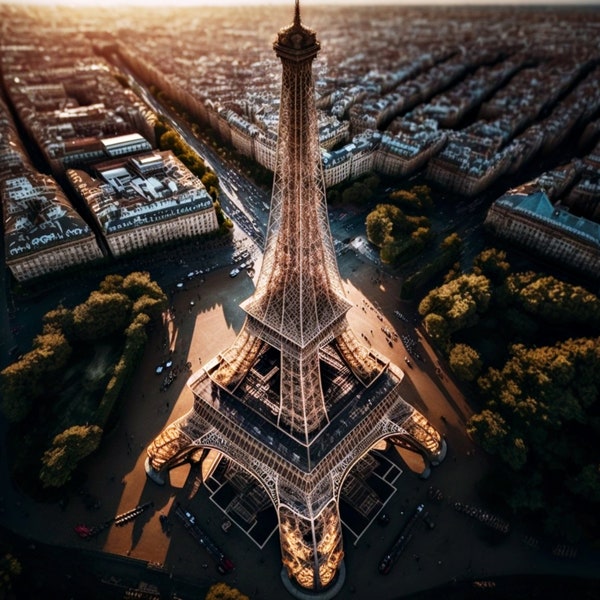 Aerial Eiffel Artistry - Drone Photo, Digital Print, Eiffel Tower View, Paris Skyline, AI Enhanced, VisionWhisperer, Unique Home Decor