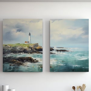 Oil Painting Lighthouse Landscape, Set of two, Ocean Landscape, Digital Download, Digital Prints, Printable Wall Art, Nature Scene