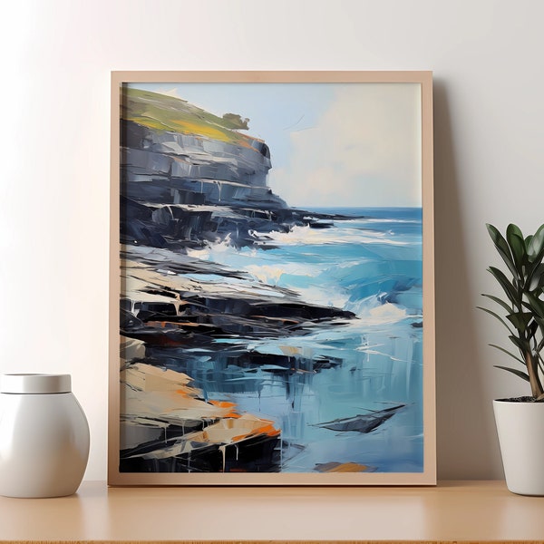 Oil Painting Ocean Cliff, Cliff Beach Landscape Painting, Printable Art, Wall Art, Digital Download, Digital Prints, Vivid Colors