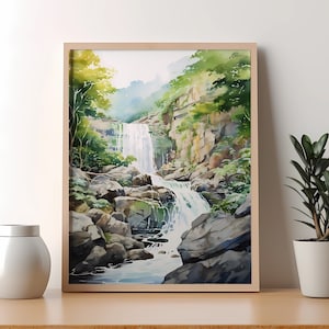 Watercolor Waterfall Landscape, Printable Wall Art, Digital Download, Digital Prints, Waterfall Prints, Nature Scene, Landscape Decor