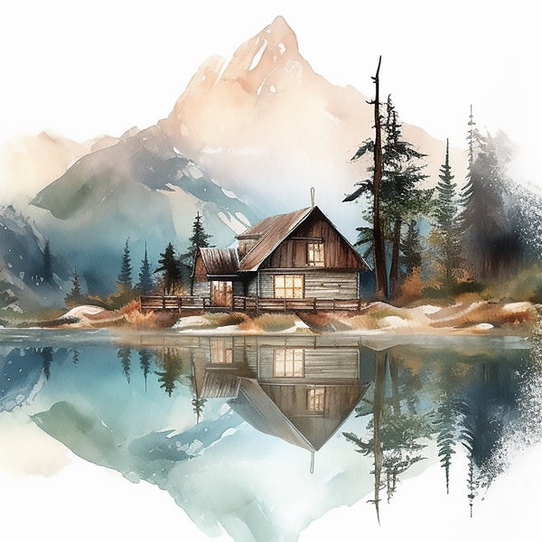 Forest cabin art, Forest House, Cabin in Woods, Houses Clipart, Forest Digital, Forest Mountain, Watercolor Cabin Bundle, Cabin clipart
