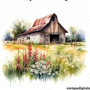 Imágenes prediseñadas de granero de acuarela, paisaje rural, fabricación de tarjetas, descarga digital, arte imprimible, arte de pared, elaboración de papel, formato PNG