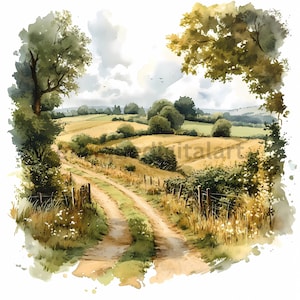Aquarell Englische Landschaft Clipart, Aquarell Landschaft, Landschaftsbilder, JPG Digital Download, Kartenherstellung, Wanddekoration