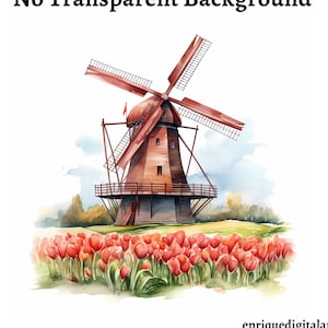 Aquarelle Windmill Clipart, Tulip Fields Landscape, Nature Scene, Téléchargement numérique, Téléchargement instantané, PNG, Clipart imprimable, Fabrication de cartes