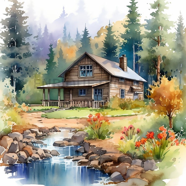 Forest cabin art, Forest House, Cabin in Woods, Houses Clipart, Forest Digital, Forest Mountain, Watercolor Cabin Bundle, Cabin clipart