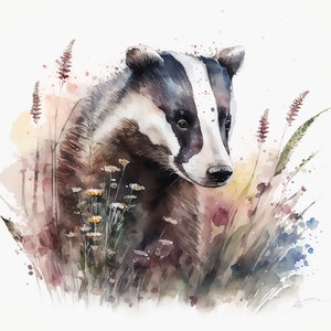 Watercolor Badger Clipart, Badger Illustration, Badger Wildflowers, Digital Download, Badger PNG, Badger Printable, Nursery Art, Paper Craft