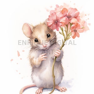 Lindo ratón con flores rosas, imágenes prediseñadas de ratón, ilustración de ratón, ratón imprimible, ratón PNG, descarga digital, medios mixtos, arte infantil