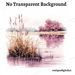 Aquarelle Pond Clipart, Paysage d’étang, Image PNG, Fabrication de cartes, Couleurs bordeaux, Art imprimable, Art mural, Artisanat en papier, Décoration murale